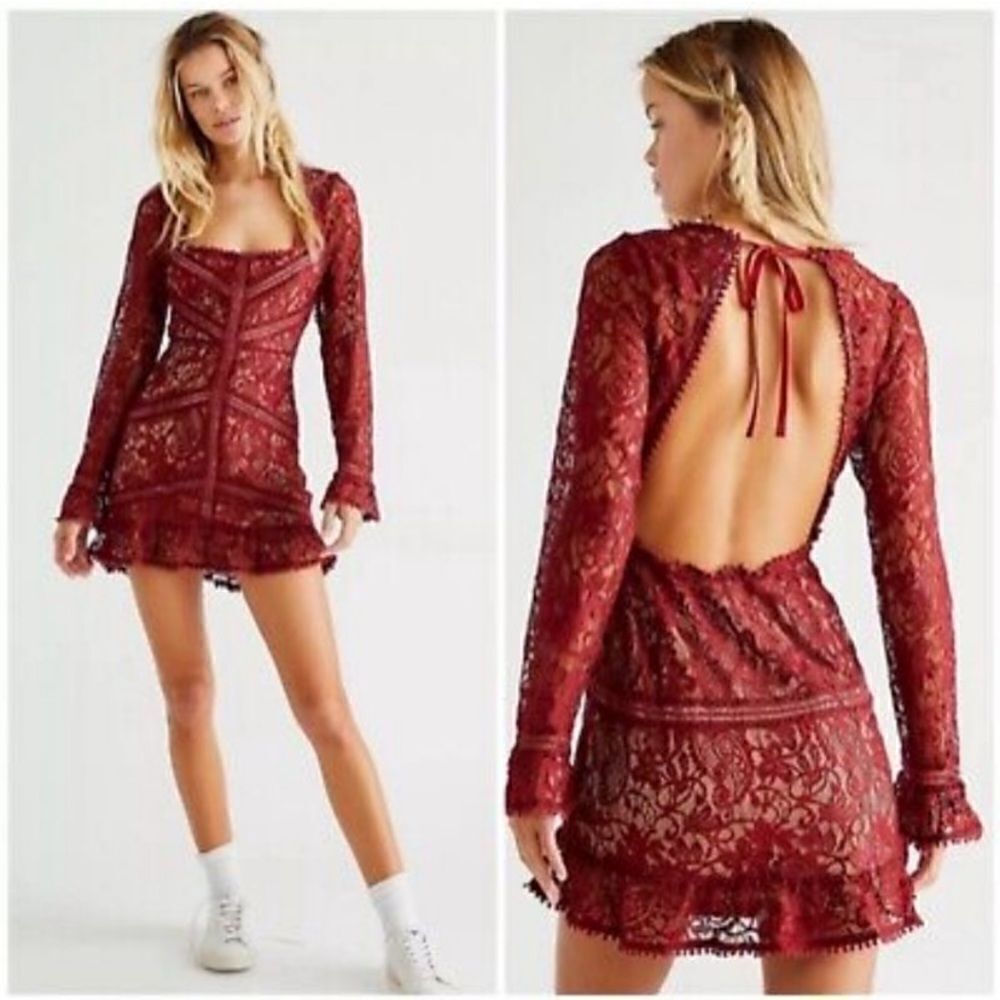 NWT For Love and Lemons Emerie Mini Burgundy Red Dress Lace Long Sleeves Size S - Picture 5 of 10
